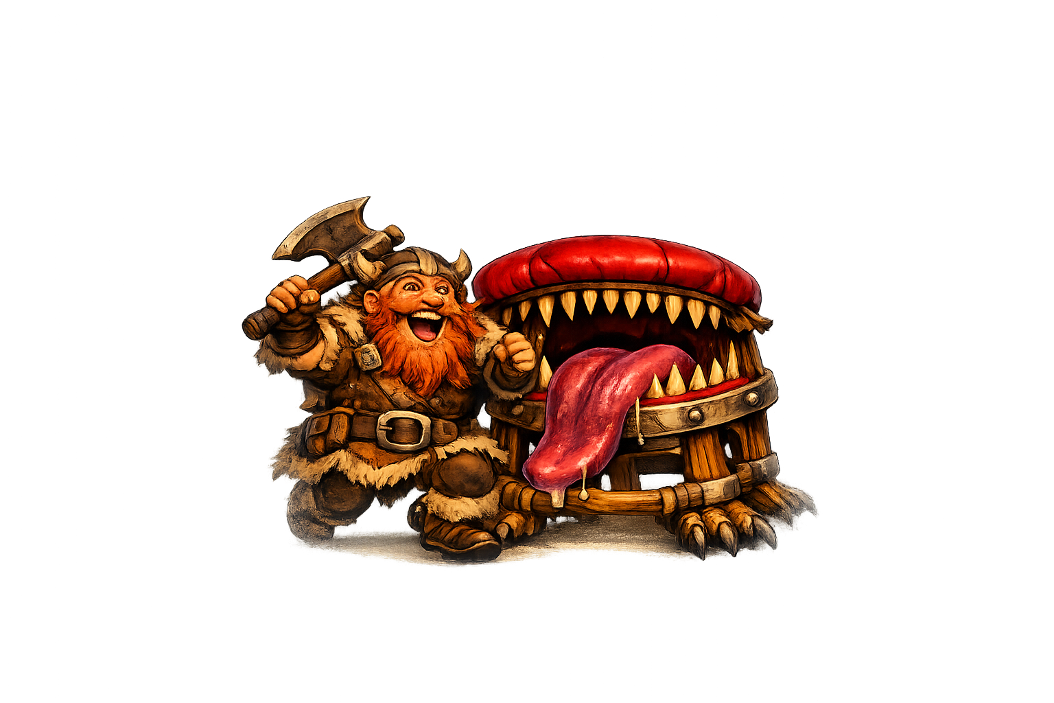 A jovial dwarf tavernkeeper beside a monstrous, tooth-filled bar stool